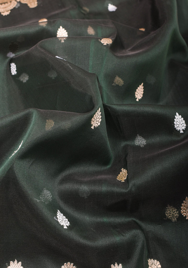 Banarasi Kora Silk Saree in Deep Green with dome shape borders | SILK MARK CERTIFIED