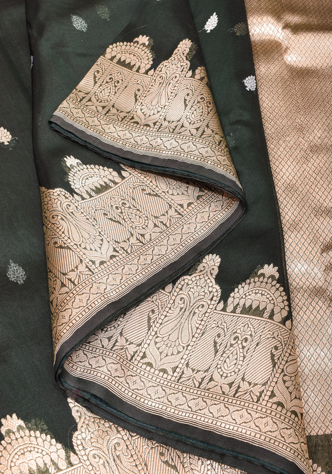 Banarasi Kora Silk Saree in Deep Green with dome shape borders | SILK MARK CERTIFIED