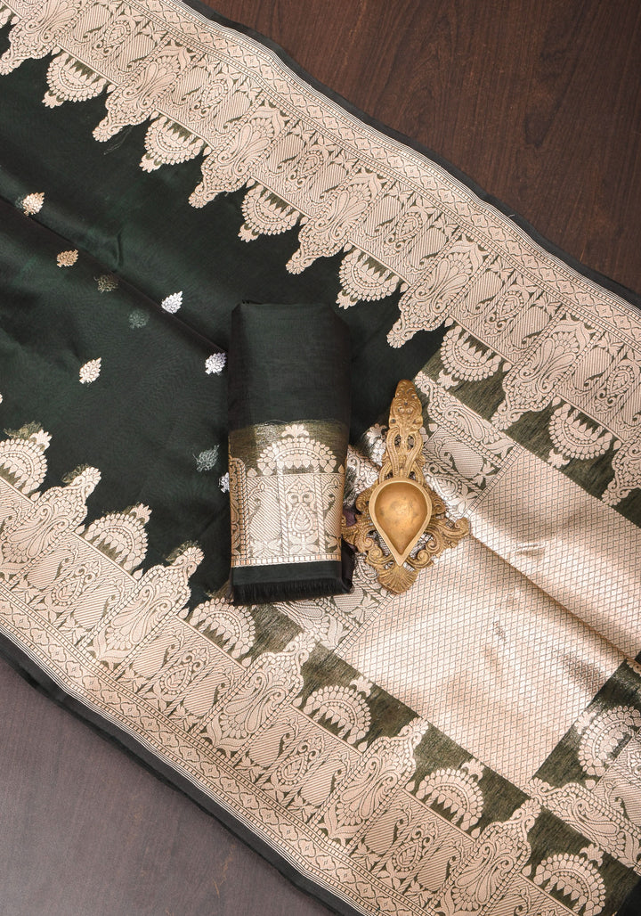 Banarasi Kora Silk Saree in Deep Green with dome shape borders | SILK MARK CERTIFIED