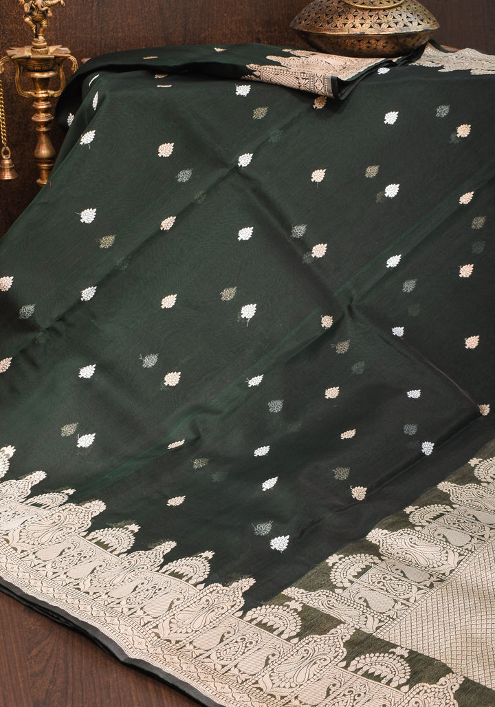 Banarasi Kora Silk Saree in Deep Green with dome shape borders | SILK MARK CERTIFIED