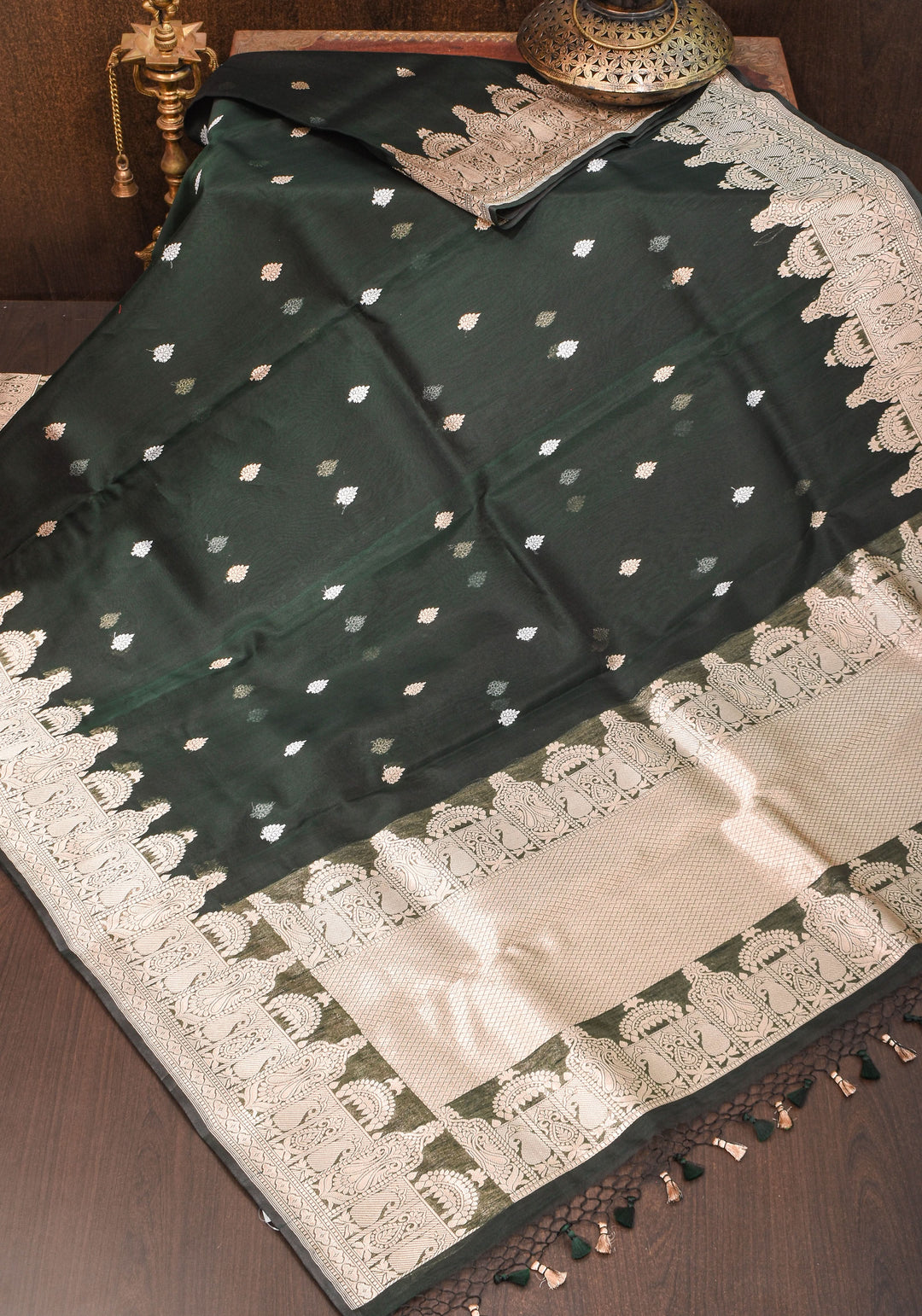 Banarasi Kora Silk Saree in Deep Green with dome shape borders | SILK MARK CERTIFIED