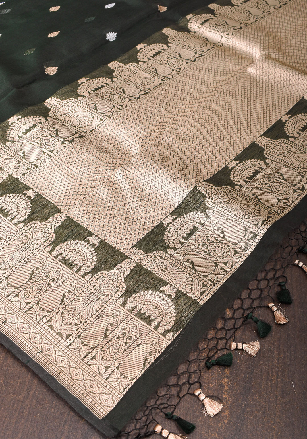 Banarasi Kora Silk Saree in Deep Green with dome shape borders | SILK MARK CERTIFIED