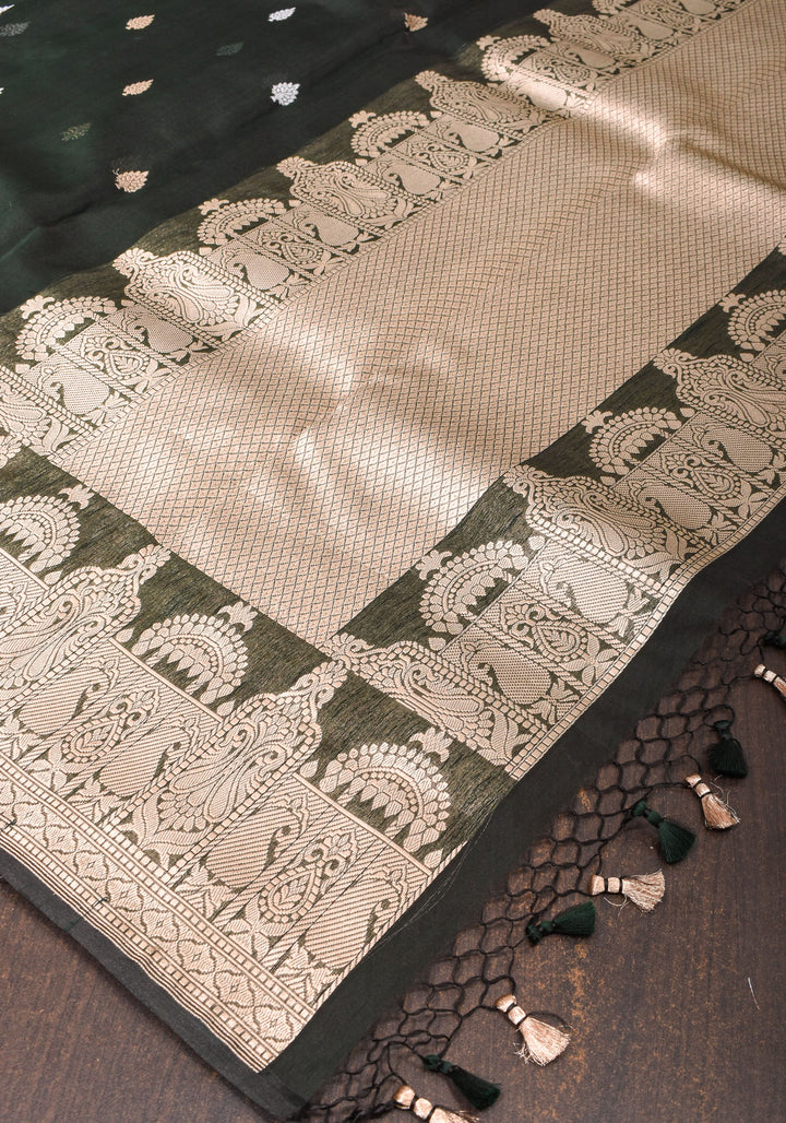 Banarasi Kora Silk Saree in Deep Green with dome shape borders | SILK MARK CERTIFIED