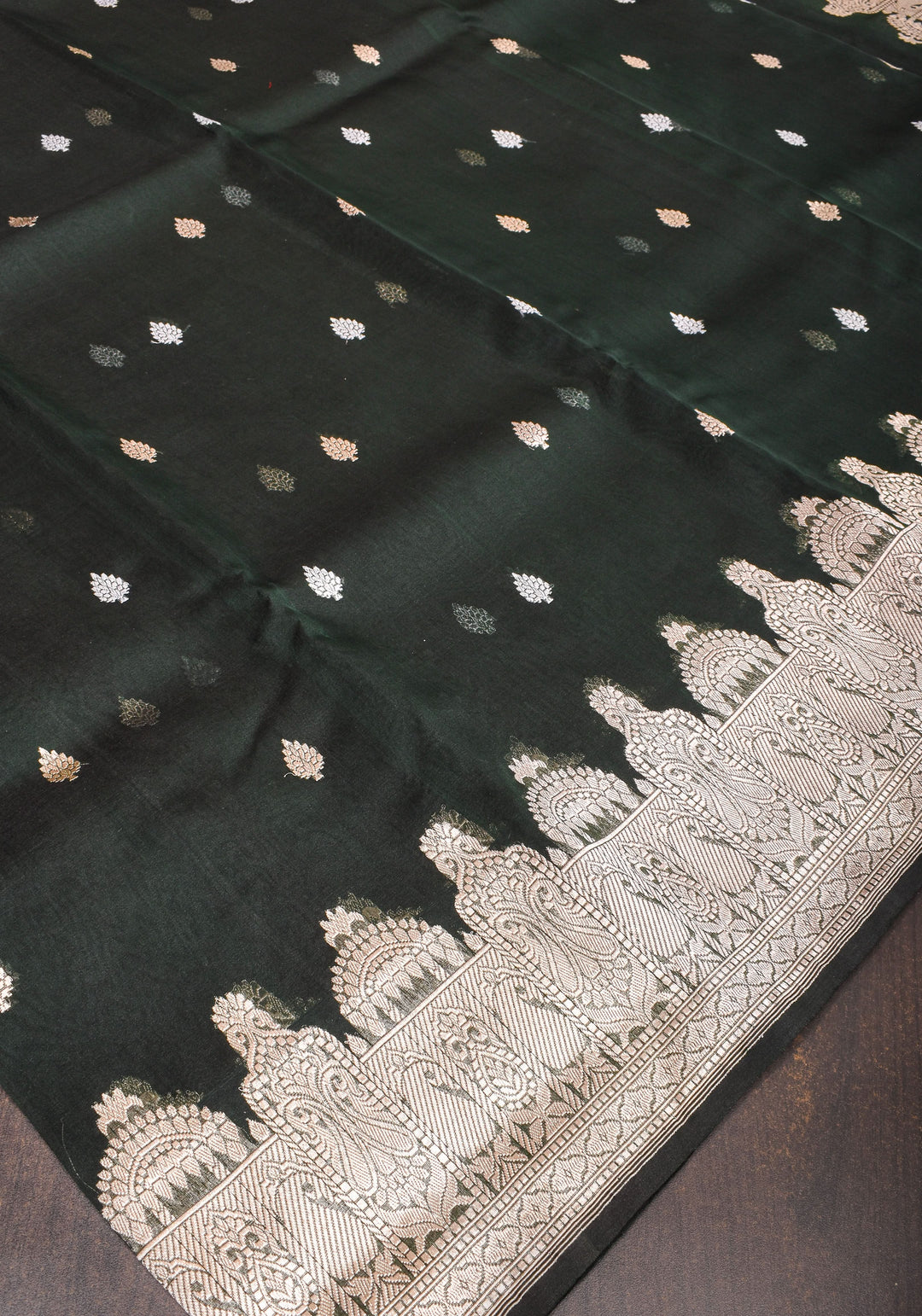 Banarasi Kora Silk Saree in Deep Green with dome shape borders | SILK MARK CERTIFIED