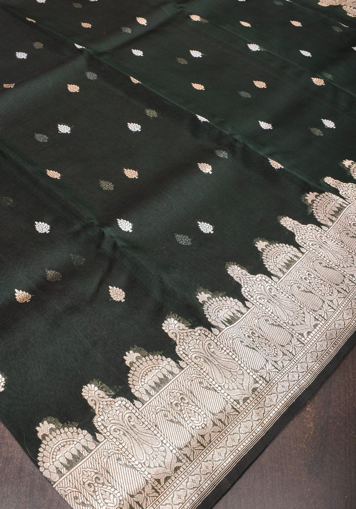 Banarasi Kora Silk Saree in Deep Green with dome shape borders | SILK MARK CERTIFIED