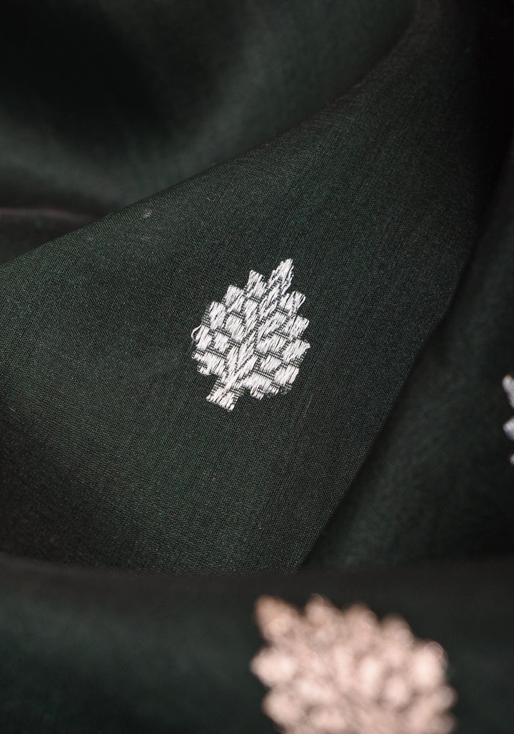 Banarasi Kora Silk Saree in Deep Green with dome shape borders | SILK MARK CERTIFIED