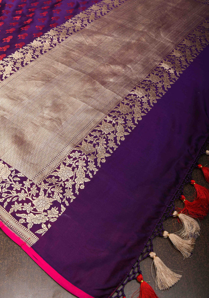 Exquisite Purple Tanchoi Banarasi Silk Saree in Pure Mashru Silk Meenakari Floral Brocade and Zari Border | SILK MARK CERTIFIED