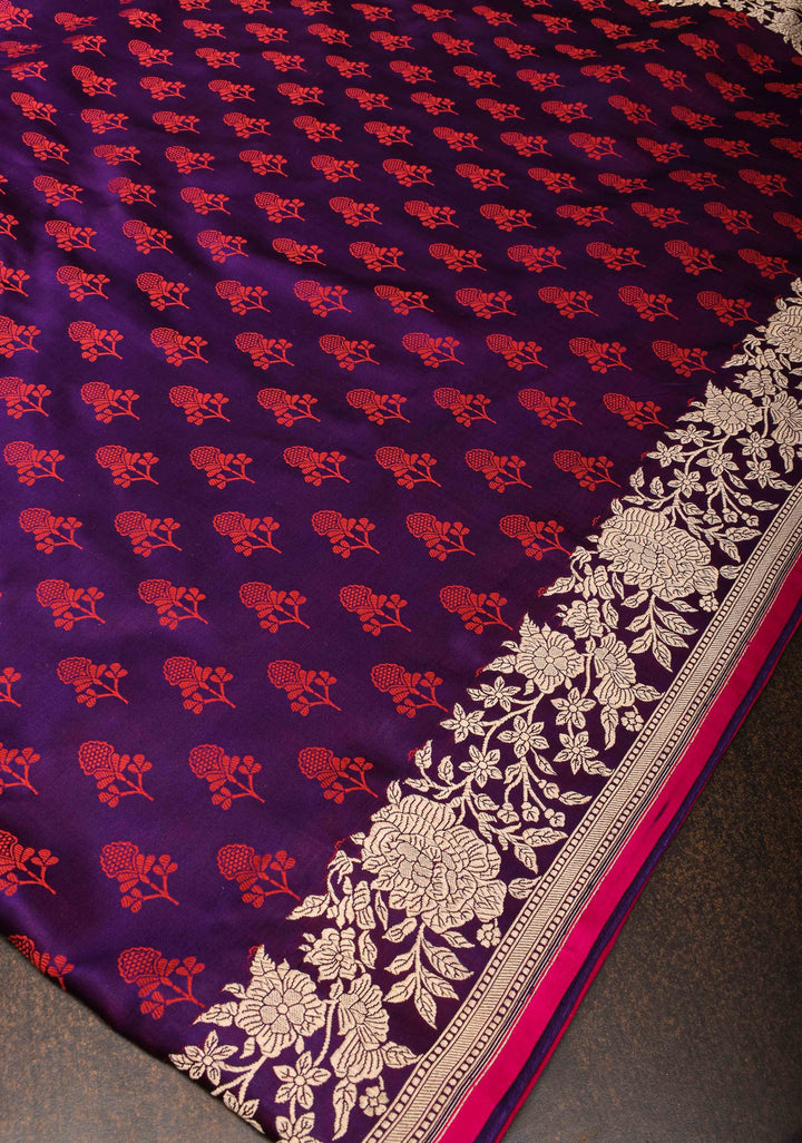 Exquisite Purple Tanchoi Banarasi Silk Saree in Pure Mashru Silk Meenakari Floral Brocade and Zari Border | SILK MARK CERTIFIED