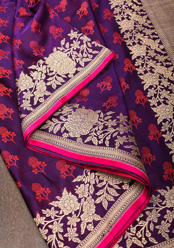 Exquisite Purple Tanchoi Banarasi Silk Saree in Pure Mashru Silk Meenakari Floral Brocade and Zari Border | SILK MARK CERTIFIED