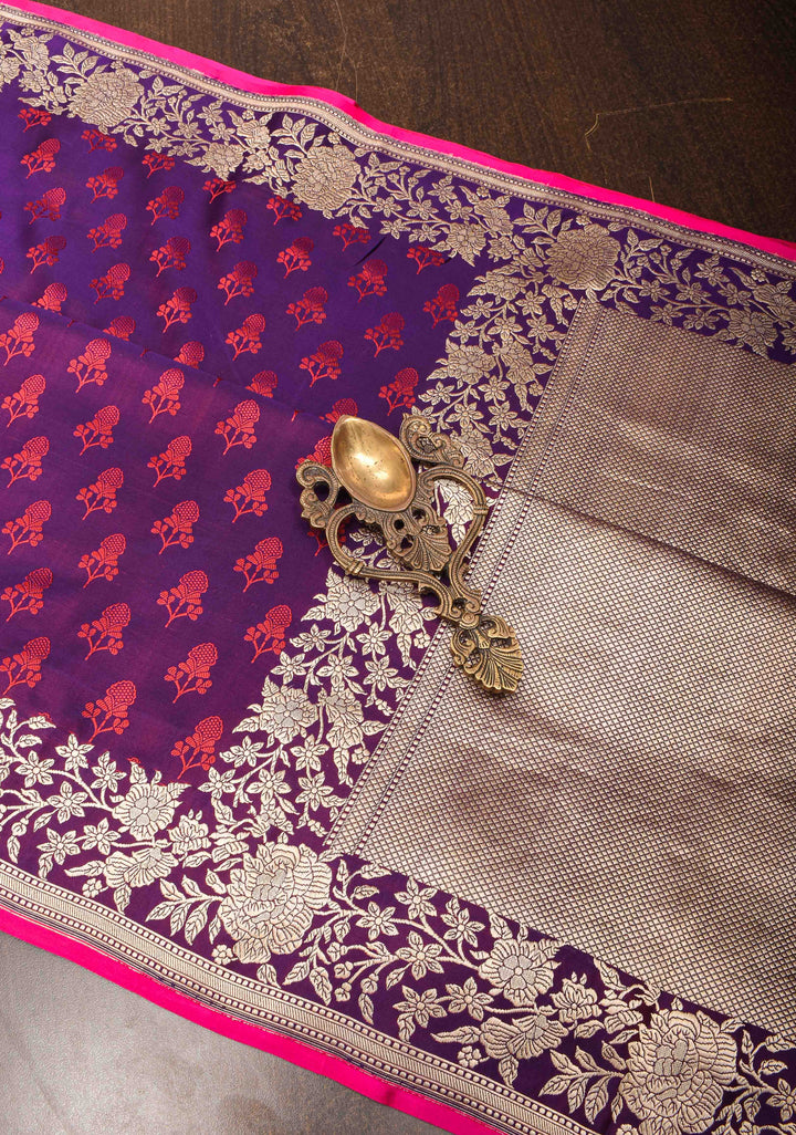 Exquisite Purple Tanchoi Banarasi Silk Saree in Pure Mashru Silk Meenakari Floral Brocade and Zari Border | SILK MARK CERTIFIED