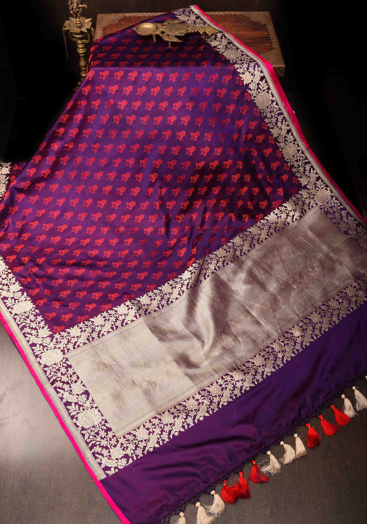 Exquisite Purple Tanchoi Banarasi Silk Saree in Pure Mashru Silk Meenakari Floral Brocade and Zari Border | SILK MARK CERTIFIED