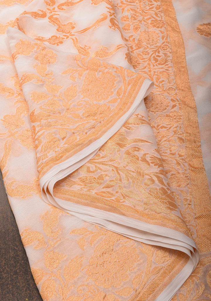 Vidya Balan White Banarasi Georgette Silk Saree with Shikaargah Jaal and Zari Border | SILK MARK CERTIFIED