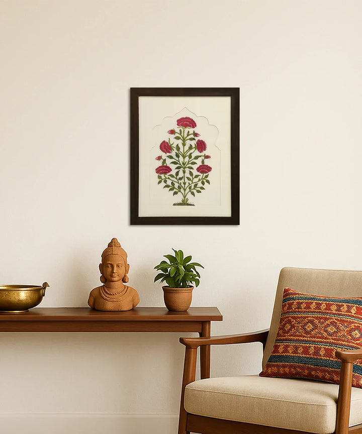 Pink & Green Floral Block printed with hand embroidery Framed Wall Art |SHOBITAM