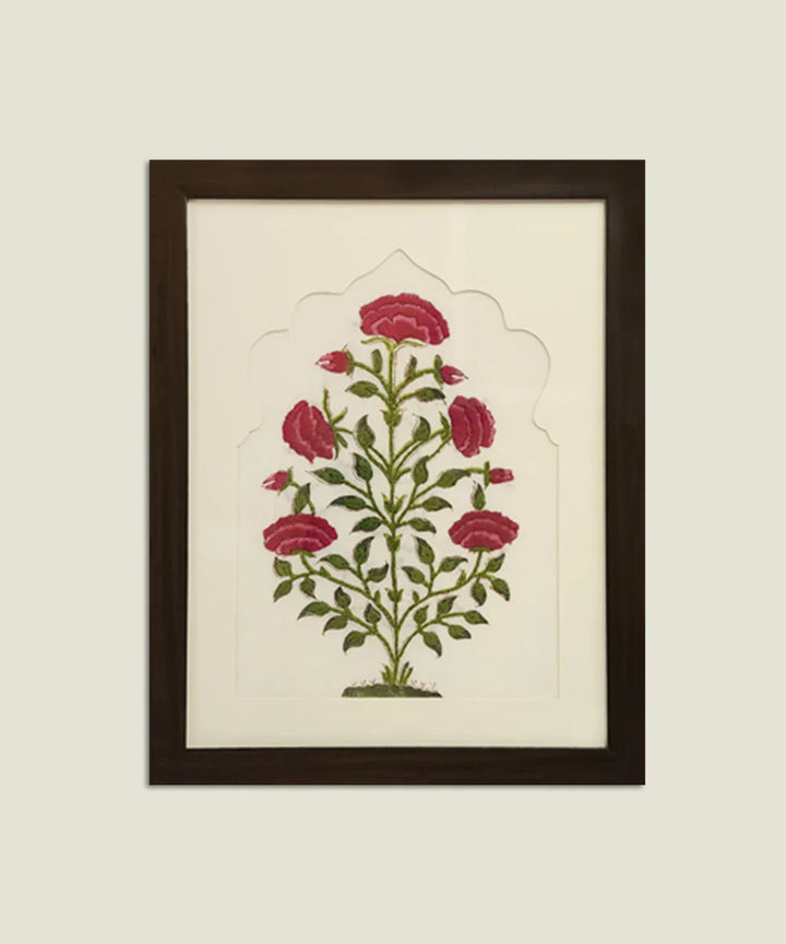 Pink & Green Floral Block printed with hand embroidery Framed Wall Art |SHOBITAM