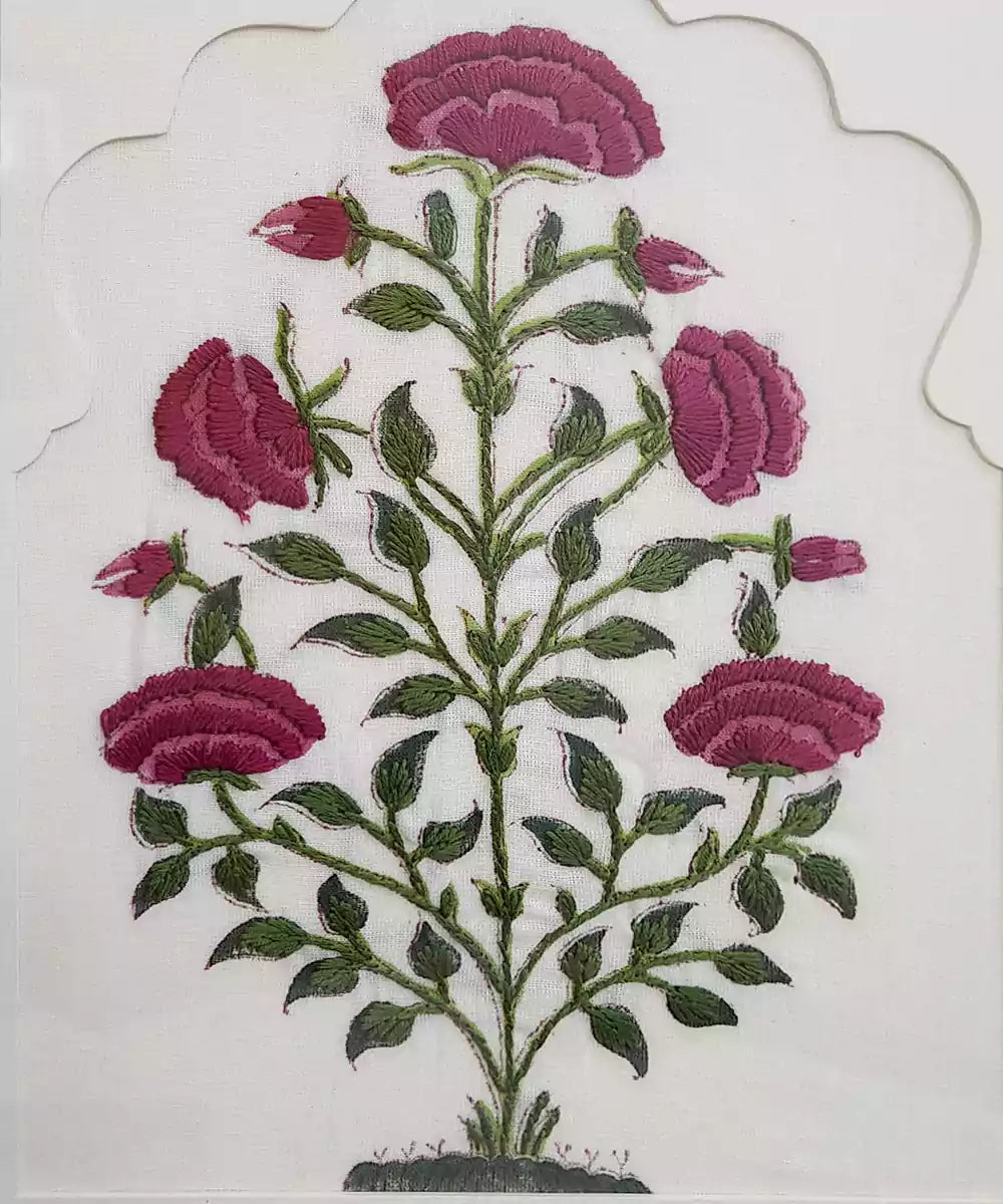 Pink & Green Floral Block printed with hand embroidery Framed Wall Art |SHOBITAM