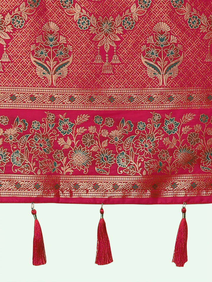 Rani Pink Semi Banarasi Satin silk Saree With Zari Border And Butti Work  | SHOBITAM