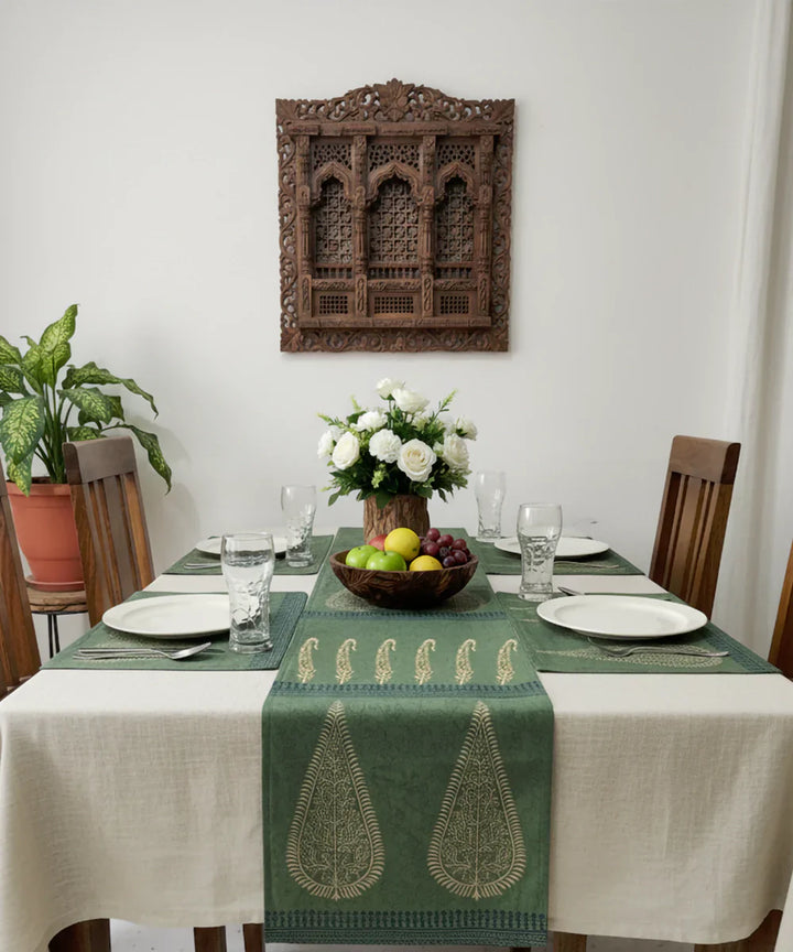 Set of 6 pcs Olive hand block printed cotton canvas Table Mats with 1 pc 6 seater Table Runner | SHOBITAM