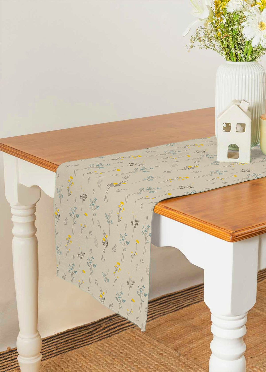 Blooming 100% cotton minimal table runner for 4 seater or 6 seater dining - beige | SHOBITAM