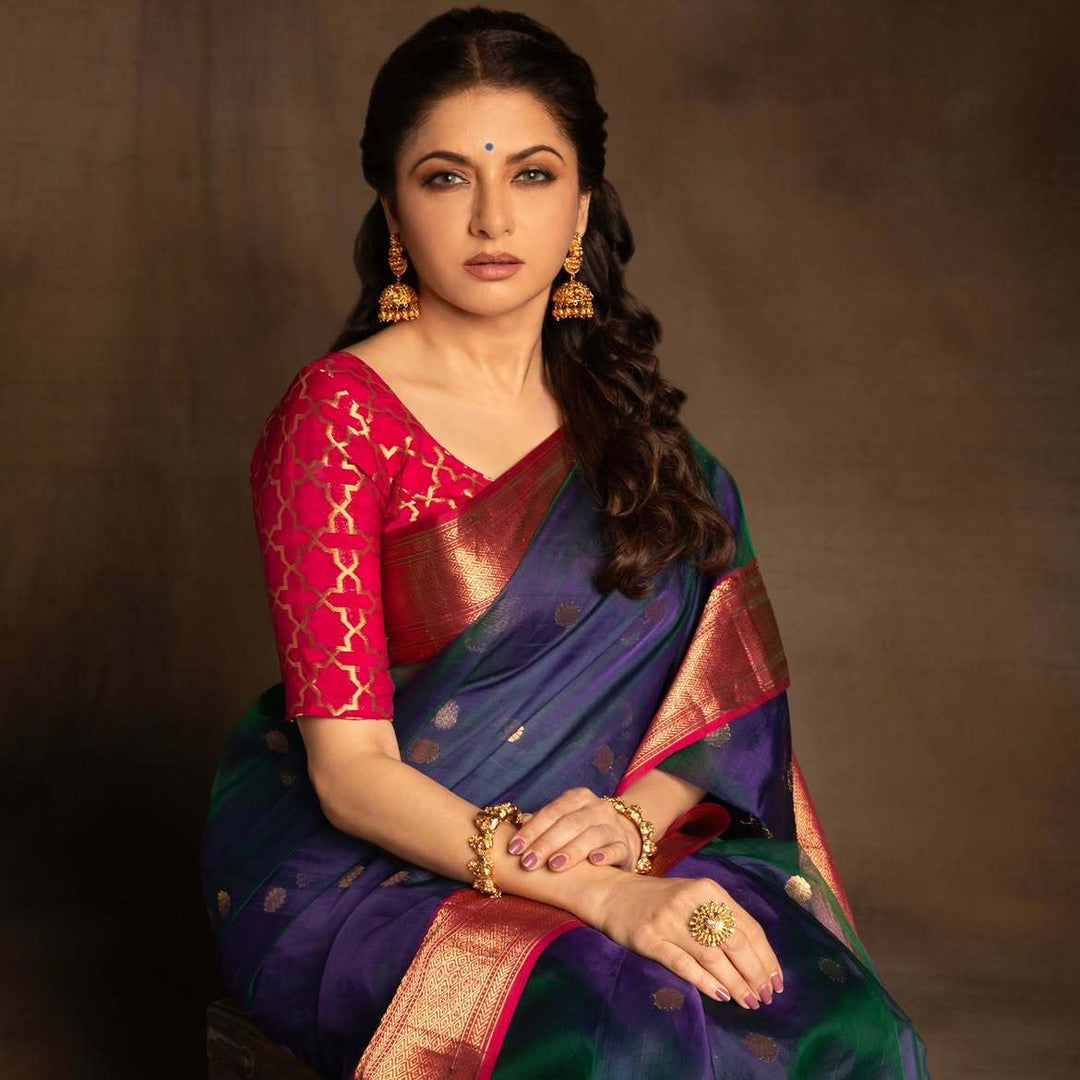 Exquisite Chanderi Silk Saree in Blue Dual tone with Zari Buttas and Contrast Zari Borders | SHOBITAM