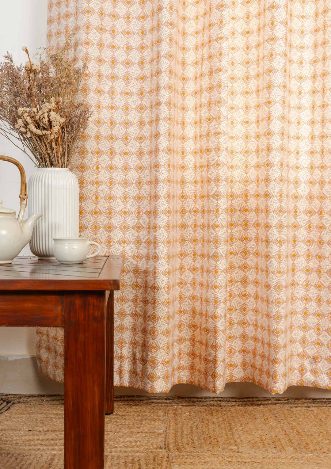 Terrazo 100% cotton geometric curtain for living room - Light Reduction - Mustard - Single - Single Piece | SHOBITAM