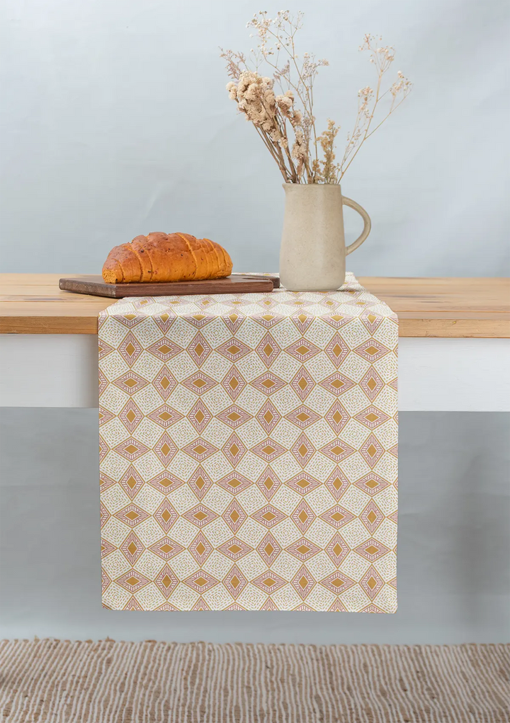 Terrazo 100% cotton geometric table runner for 4 seater or 6 seater dining | SHOBITAM