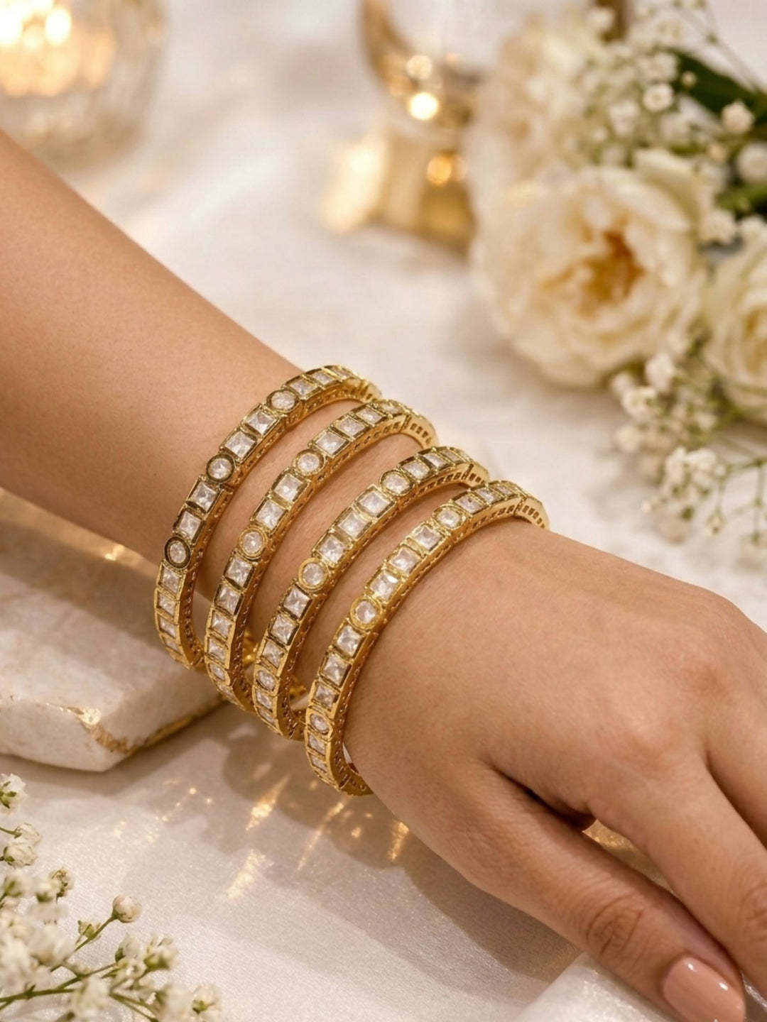 Gold Plated Thin Polki Maisonette Bangles | shobitam