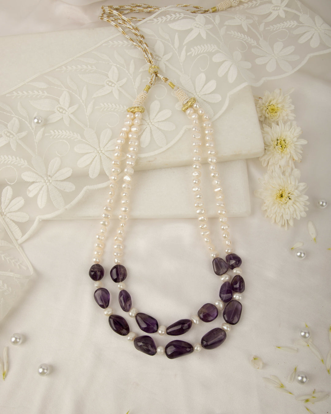 The Windsor Jewel Strand- Pearl & Amethyst 2 Line Mala | SHOBITAM