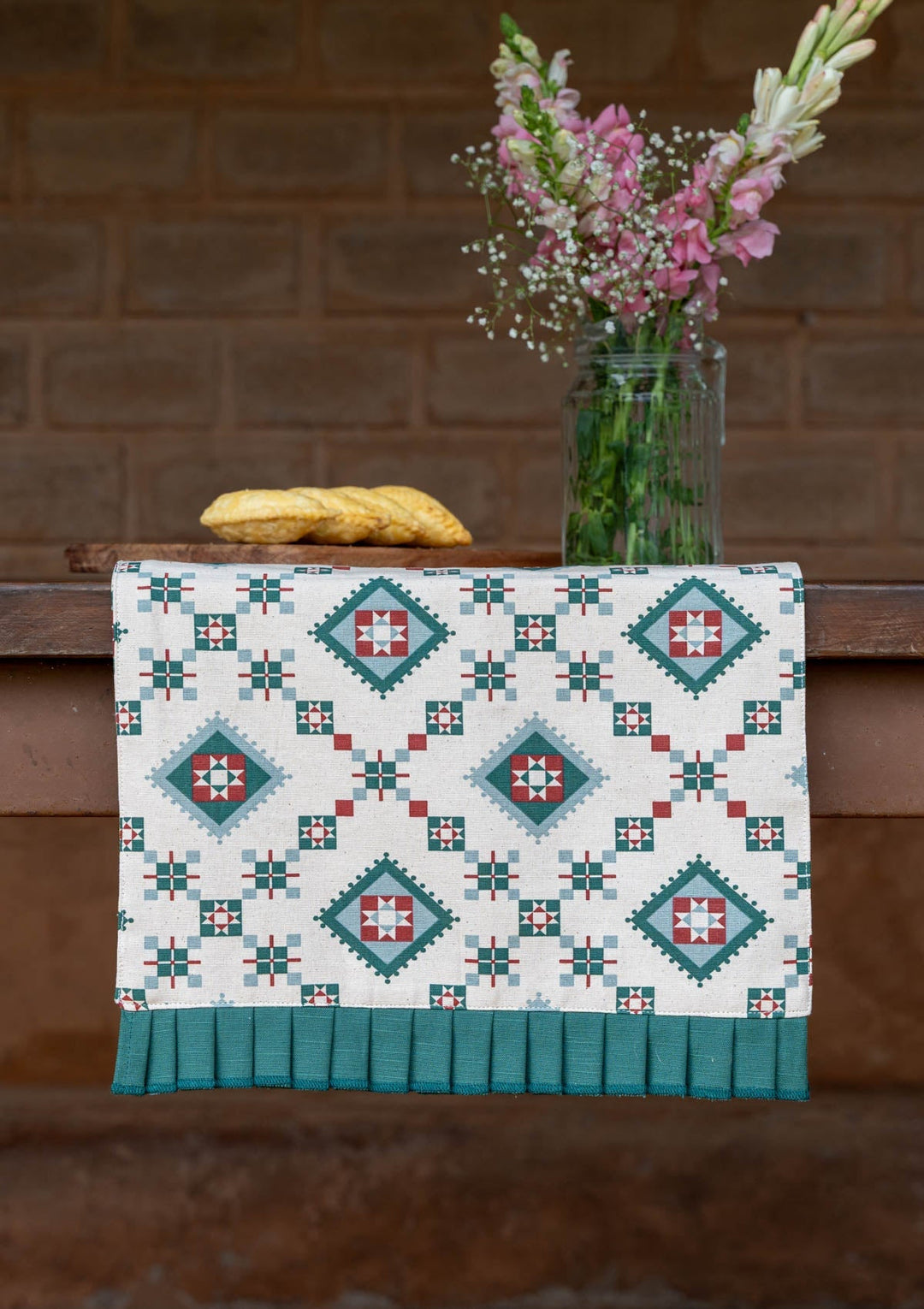 Thinnai 100% Cotton Ethnic Printed Green and Red Table Runner | SHOBITAM