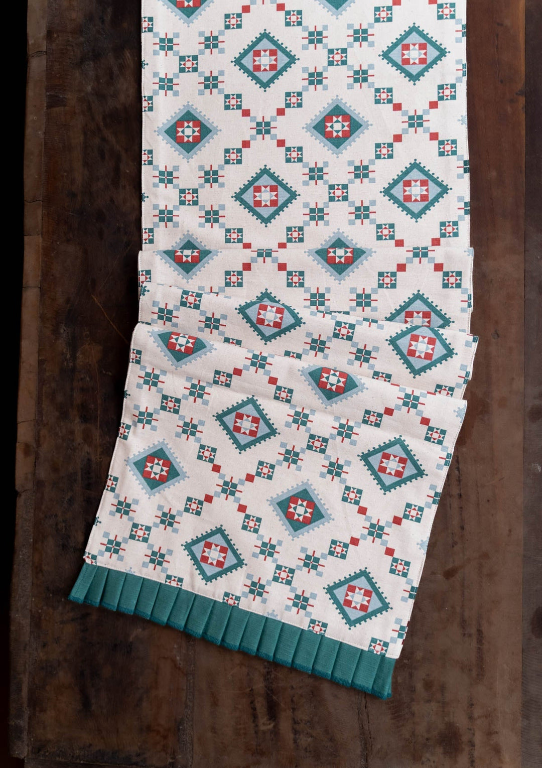 Thinnai 100% Cotton Ethnic Printed Green and Red Table Runner | SHOBITAM