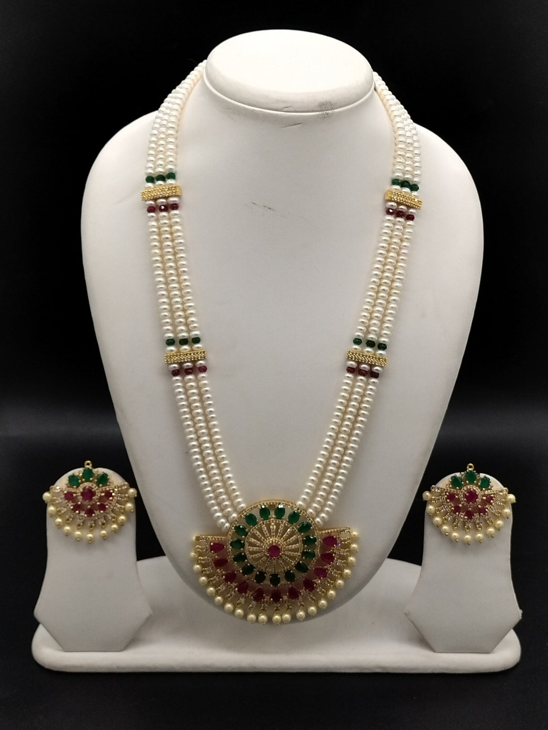 Red Green Stone Freshwater Pearl Rani Haar Necklace Set | SHOBITAM
