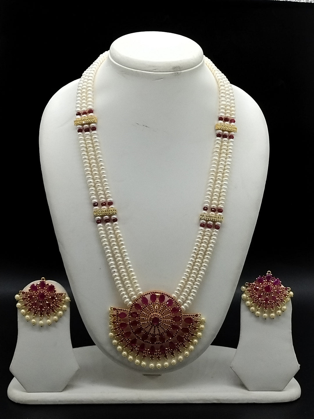 Royal Red Stone Freshwater Pearl Rani Haar Necklace Set – Regal Wedding Elegance | SHOBITAM