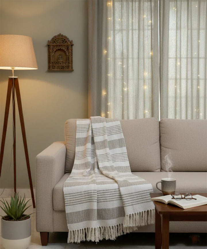 Cream & Light Brown Yarn Dye Cotton Handwoven Throw | SHOBITAM