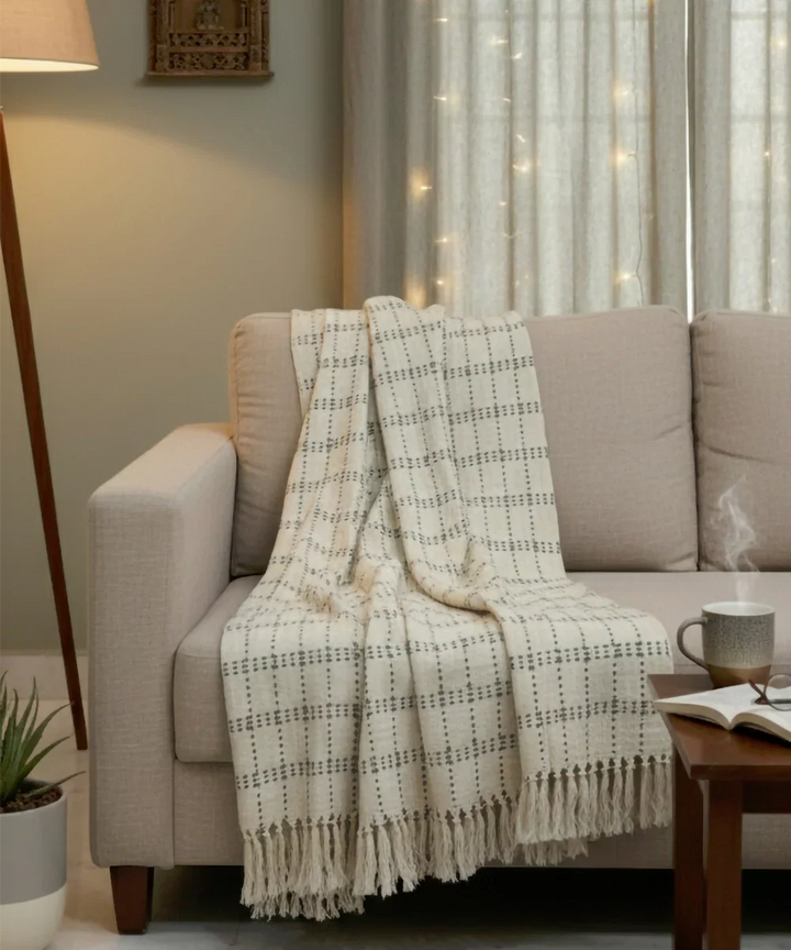 Cream & Charcoal Hand Woven Cotton Sofa Throw | SHOBITAM