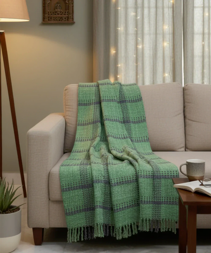 Green & Charcoal Hand-Woven Cotton Sofa Throw | SHOBITAM