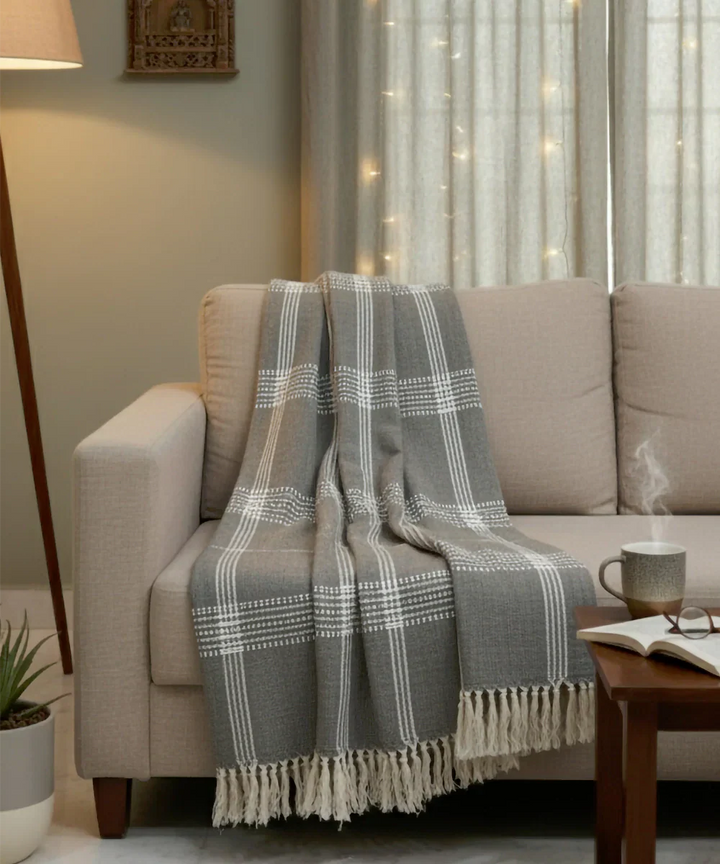 Dark Smoke & Off White Hand Woven Cotton Sofa Throw | SHOBITAM