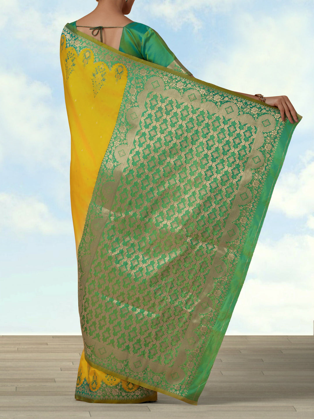 Yellow Semi Banarasi Silk Blend Saree with Zari Woven Work | SHOBITAM