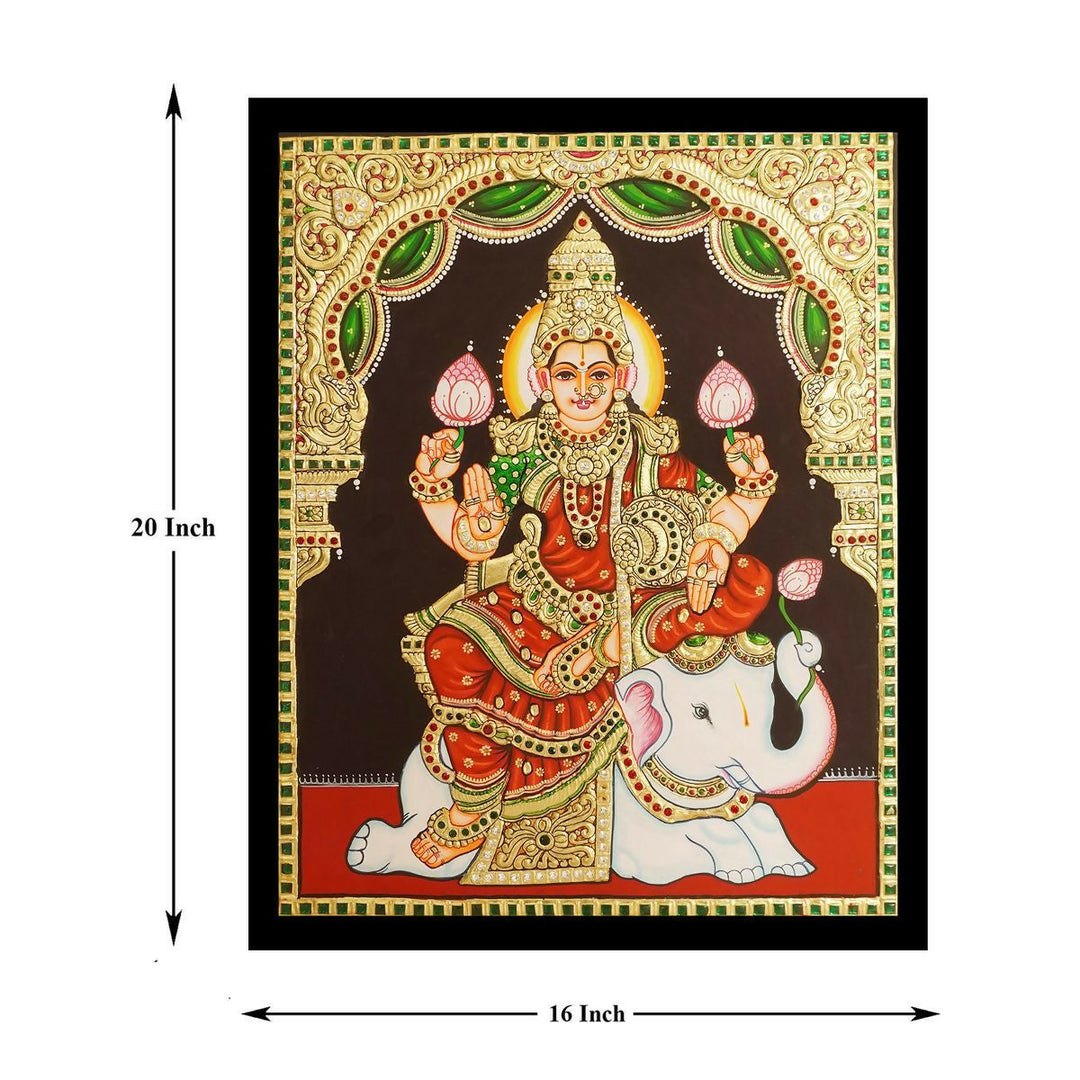 16*20 TANJORE PAINTING Lakshmi Seated on an Elephant Authentic With 22 Ct Gold Foil and Jaipur Gemstones,Unframed | SHOBITAM