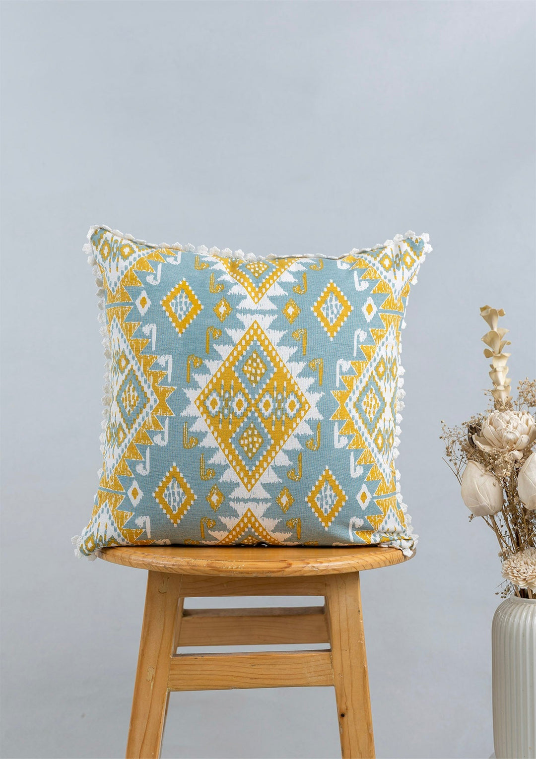 Topaz Printed Blue & Yellow Cushion Cover for Sofa – 100% Cotton, 16"x 16" | SHOBITAM