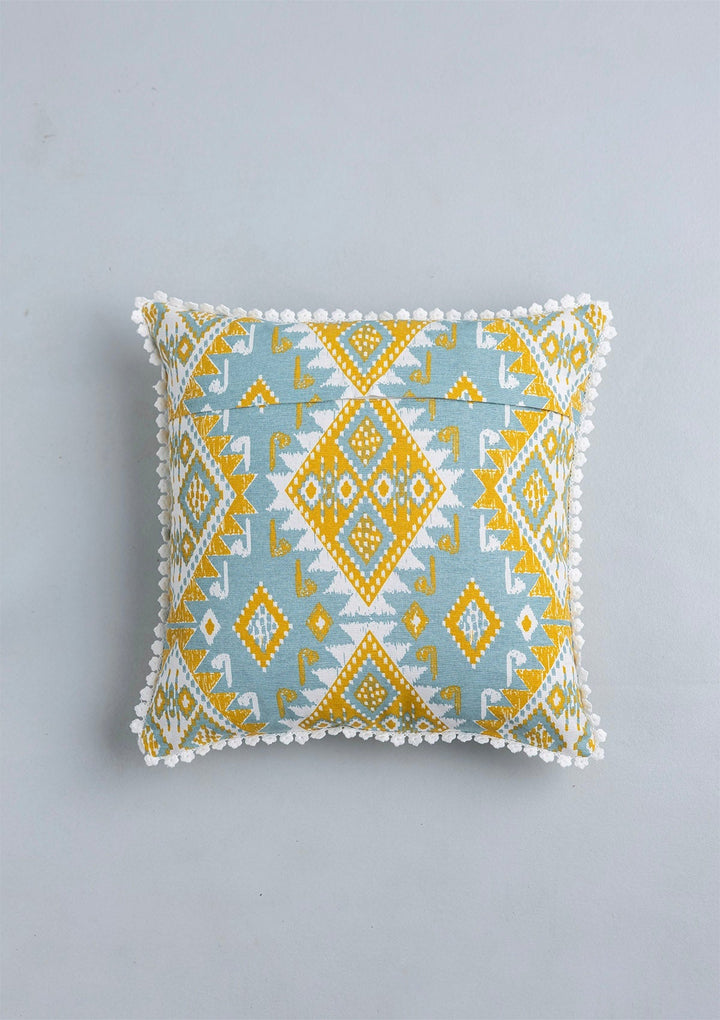 Topaz Printed Blue & Yellow Cushion Cover for Sofa – 100% Cotton, 16"x 16" | SHOBITAM