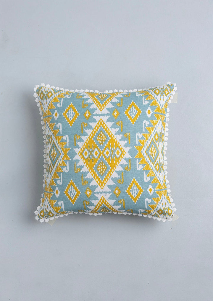 Topaz Printed Blue & Yellow Cushion Cover for Sofa – 100% Cotton, 16"x 16" | SHOBITAM