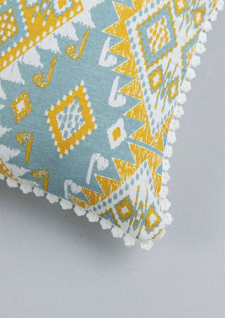 Topaz Printed Blue & Yellow Cushion Cover for Sofa – 100% Cotton, 16"x 16" | SHOBITAM