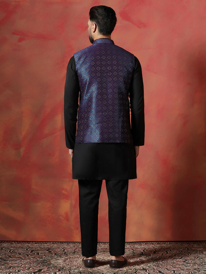 Blue jacquard kurta jacket pyjama set premium indian ethnic outfit | SHOBITAM