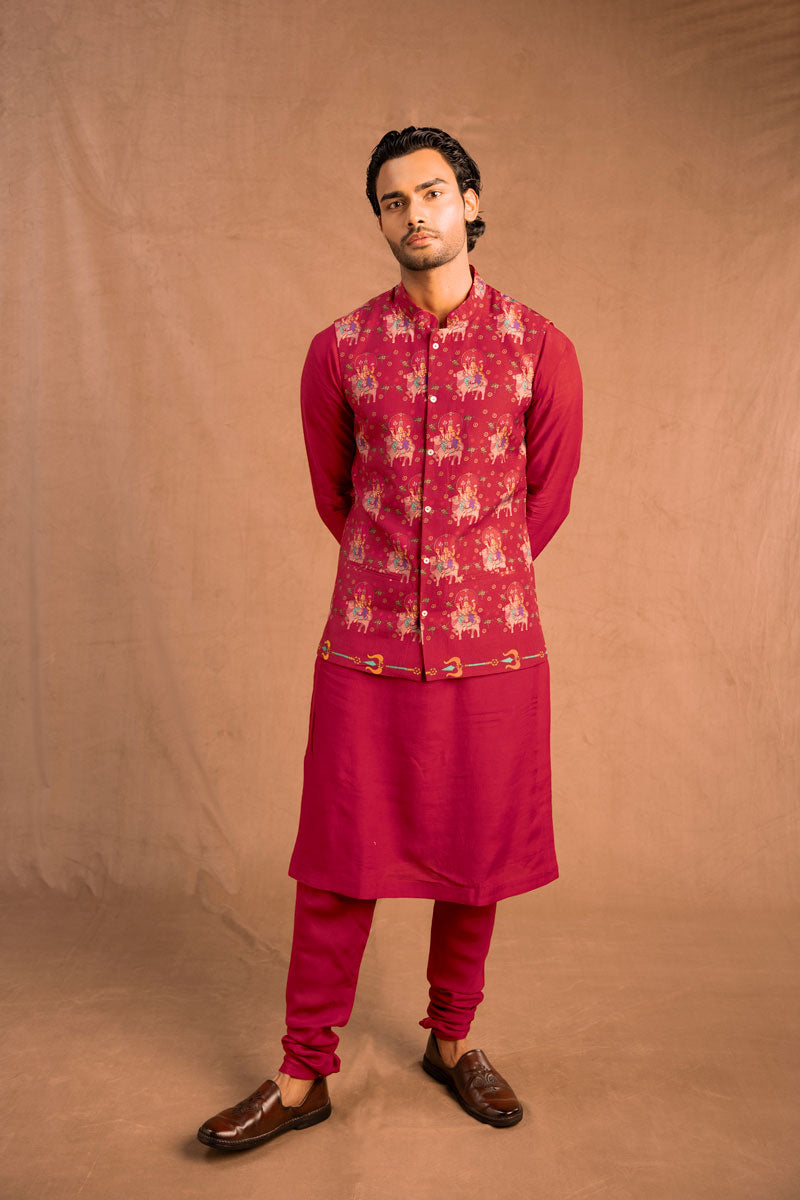 Trishula set of 3 Maroon ( kurta + churidar + jacket )