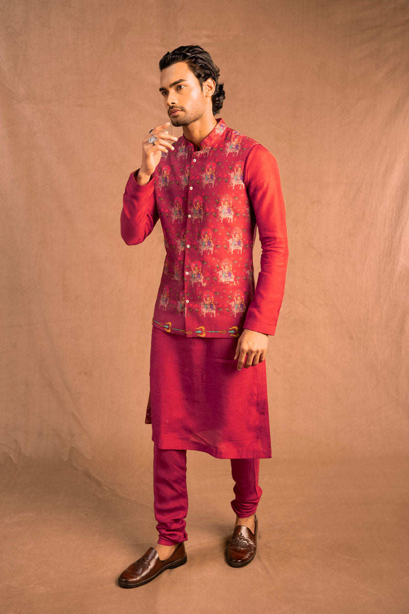 Trishula set of 3 Maroon ( kurta + churidar + jacket )