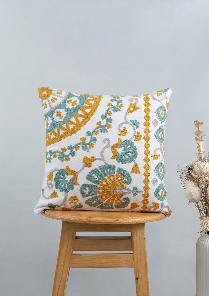 Tura 100% Cotton Embroidered Blue and Yellow Cushion Cover for Sofa - 16" x 16" | SHOBITAM