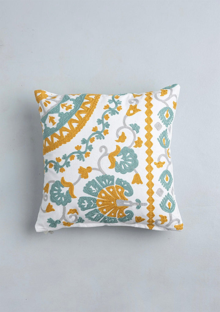 Tura 100% Cotton Embroidered Blue and Yellow Cushion Cover for Sofa - 16" x 16" | SHOBITAM