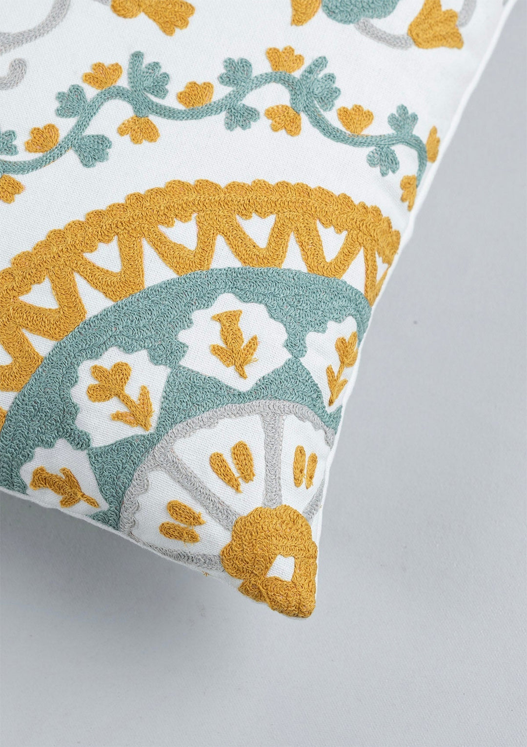 Tura 100% Cotton Embroidered Blue and Yellow Cushion Cover for Sofa - 16" x 16" | SHOBITAM