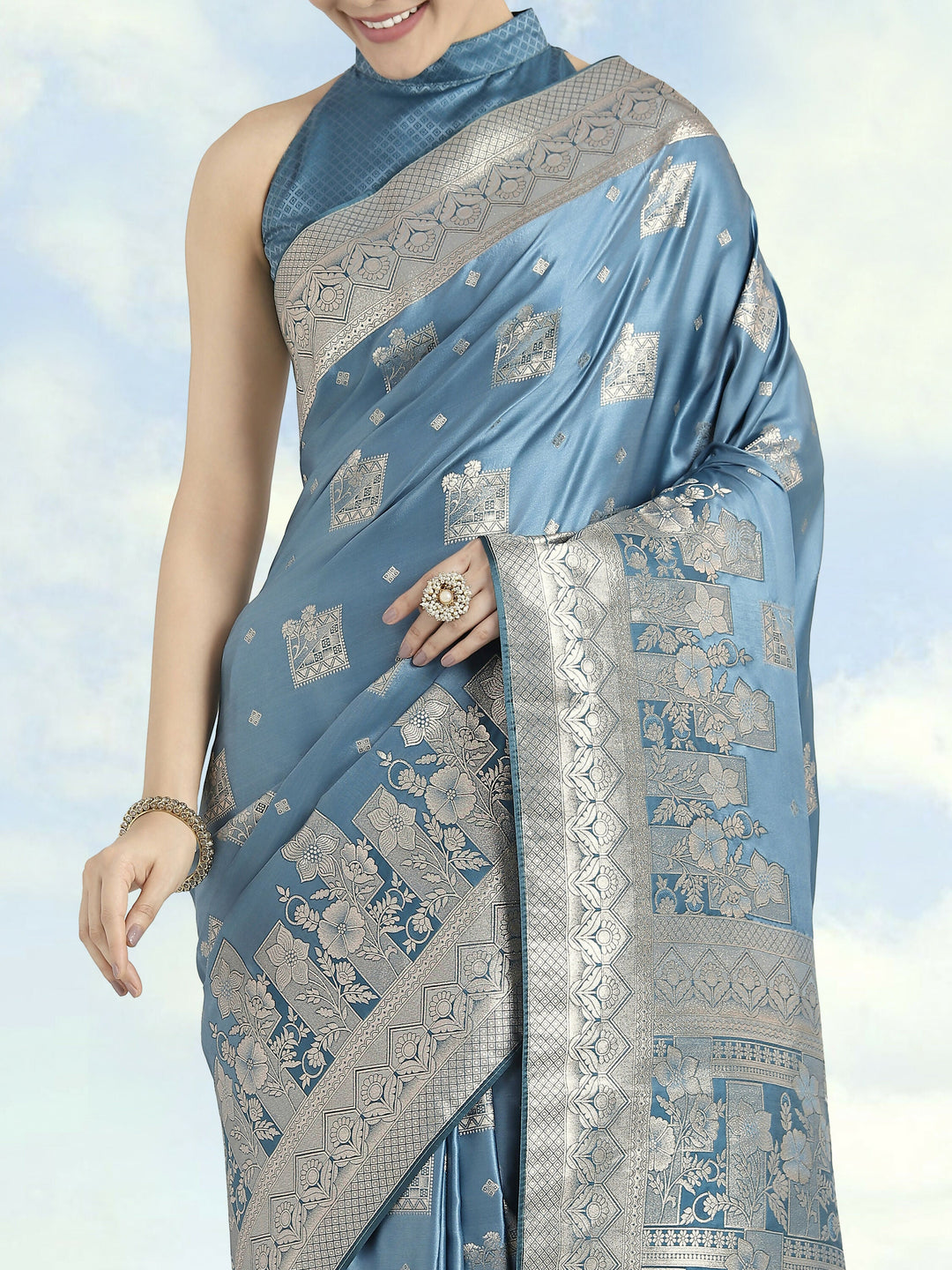 Cyan blue Pink Color Banarasi Satin Silk Zari Weaving Saree |SHOBITAM