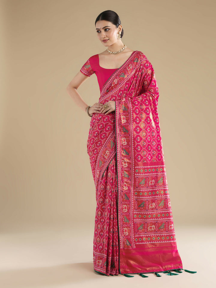 Rani Pink Semi Banarasi Satin Silk Saree With Patola Work | SHOBITAM