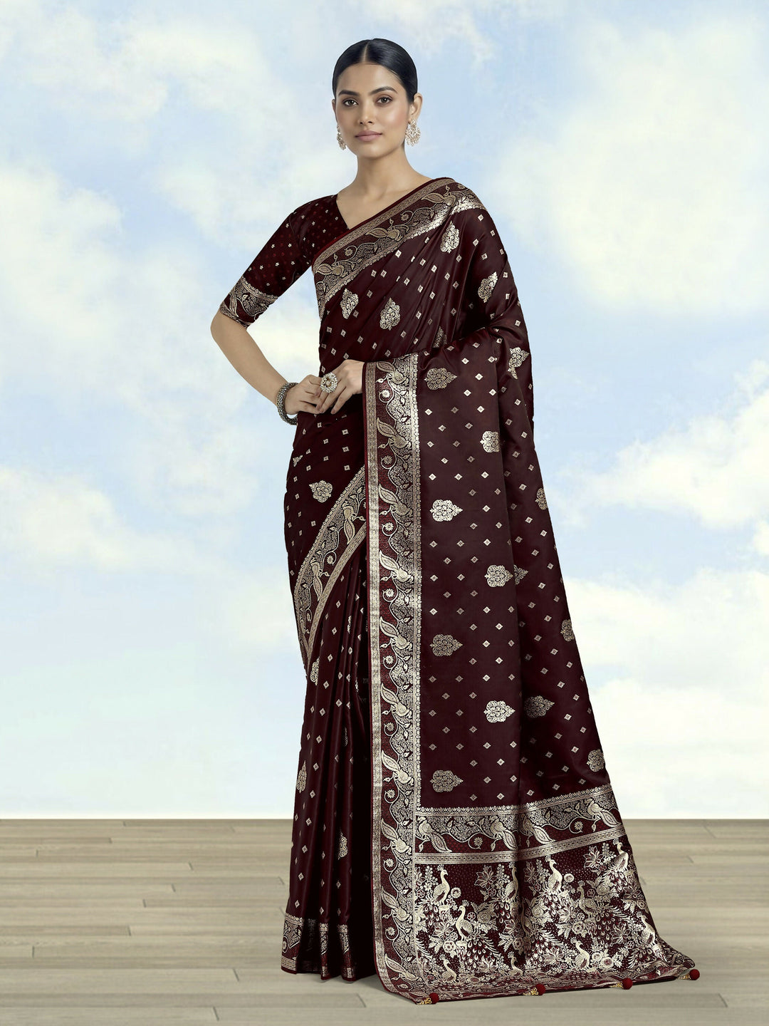 Maroon Woven Banarasi Satin Silk Saree | SHOBITAM